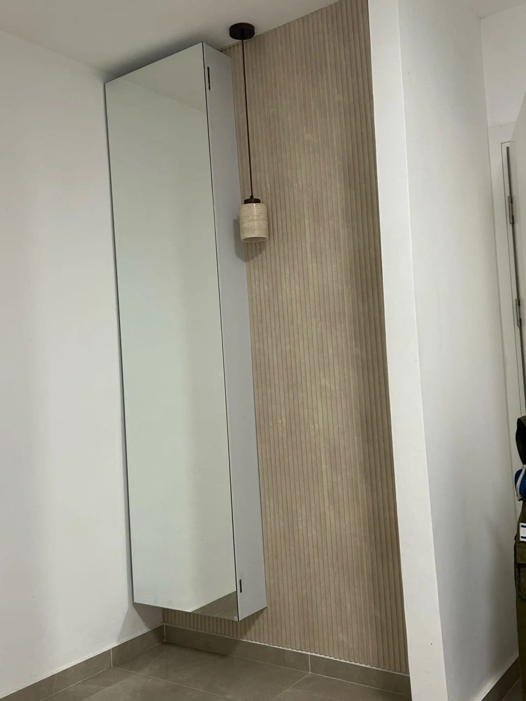 Customer photo review of Stone Pendant Light With Textured Shade And Wooden Accent 12 Inch