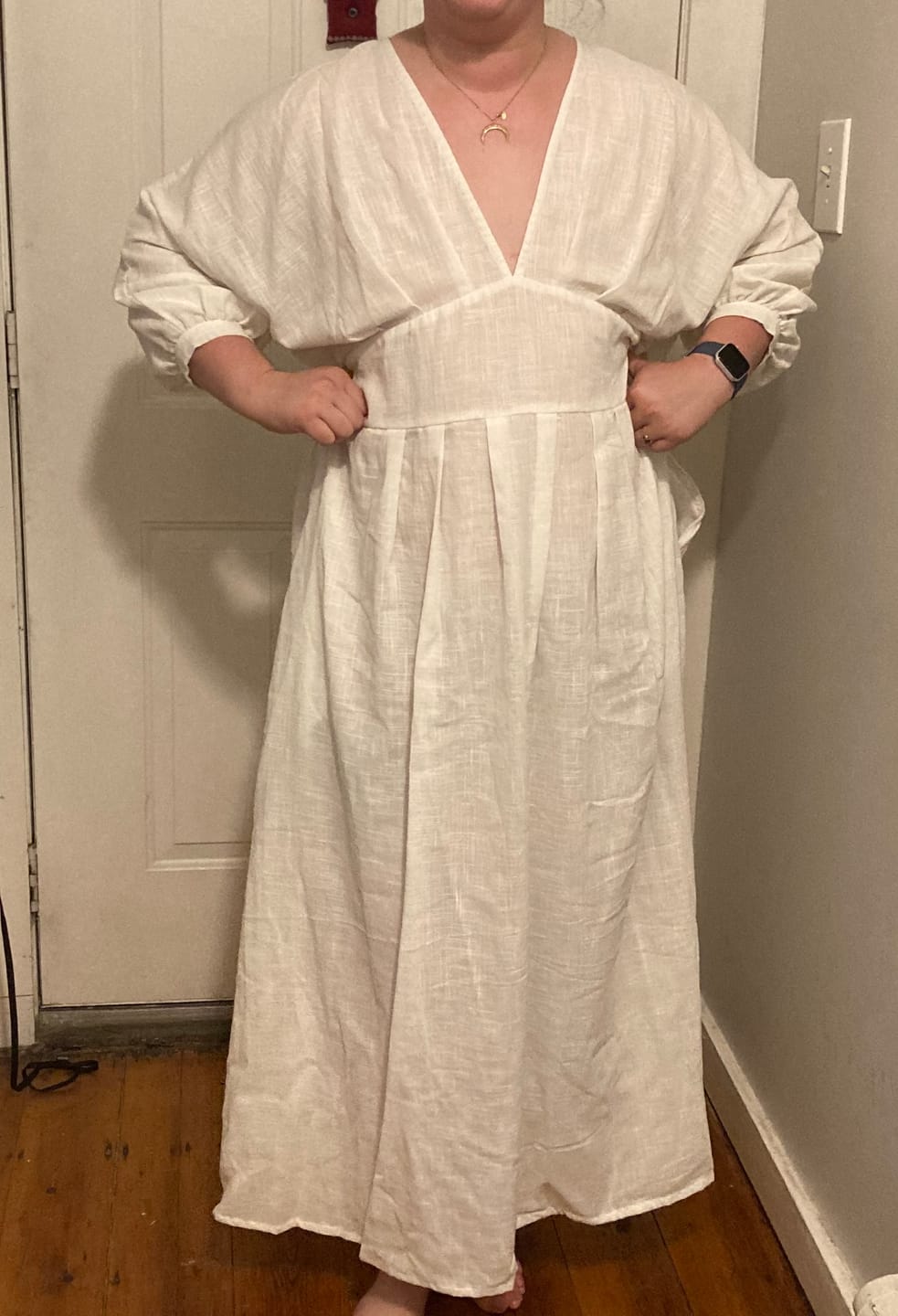Customer photo review of White Cotton Deep-V Neck Empire Waist Maxi Dress