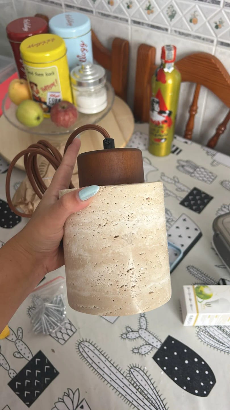 Customer photo review of Stone Pendant Light With Textured Shade And Wooden Accent 12 Inch