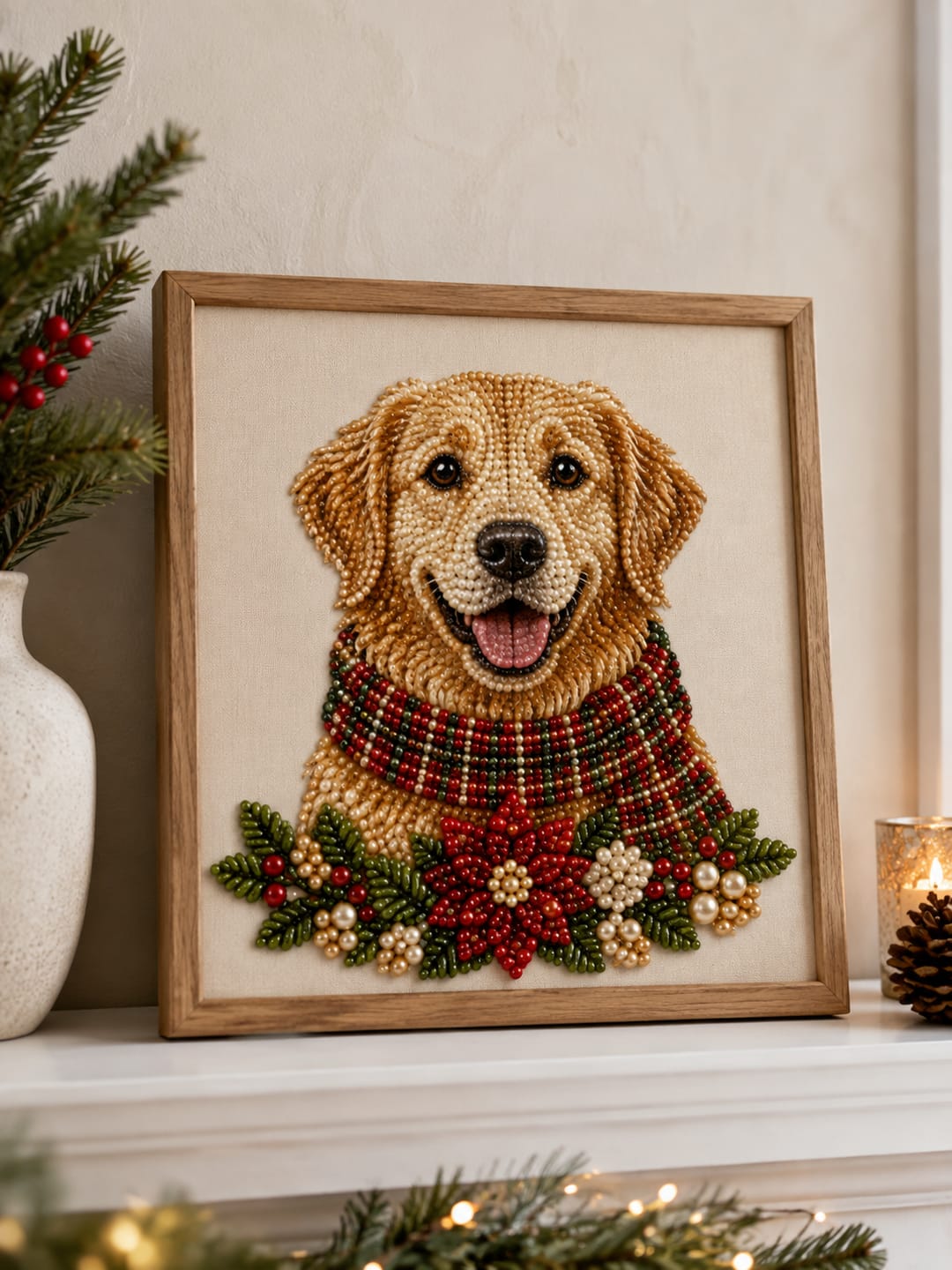 Customer photo review of Personalized 3D Pearl Art DIY Kit – Custom Pet Christmas Portrait with Festive Scarf, Handmade Holiday Wall Decor Gift for Pet Lovers