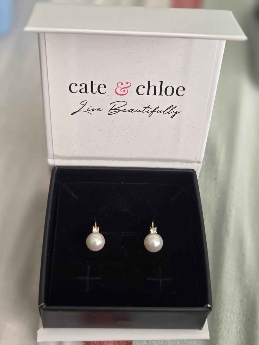 Customer photo review of Cassie 18k White Gold Plated Pearl Drop Earrings with Swarovski Crystals