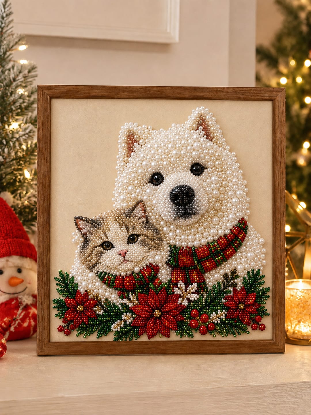 Customer photo review of Personalized 3D Pearl Art DIY Kit – Custom Pet Christmas Portrait with Festive Scarf, Handmade Holiday Wall Decor Gift for Pet Lovers
