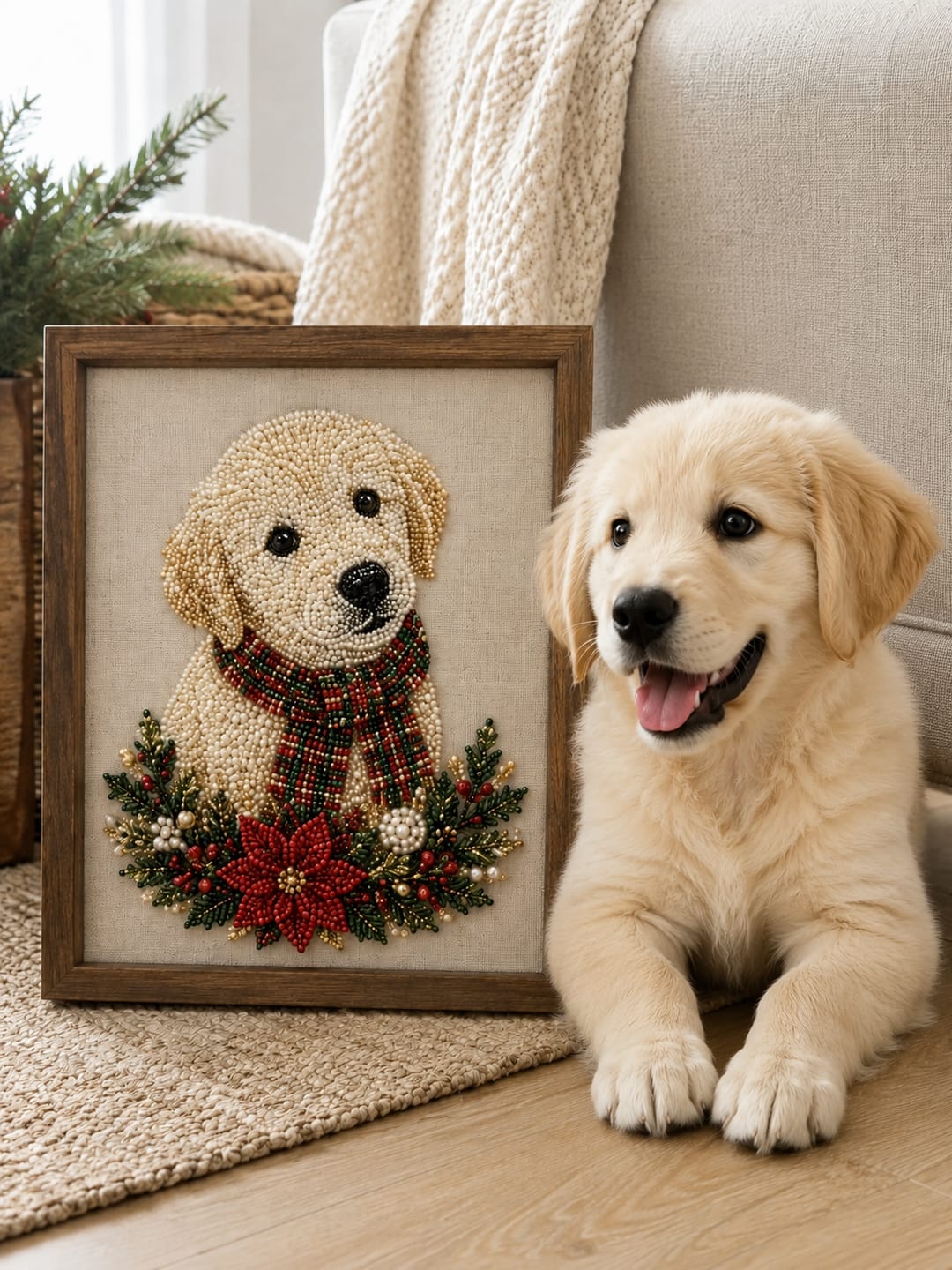 Customer photo review of Personalized 3D Pearl Art DIY Kit – Custom Pet Christmas Portrait with Festive Scarf, Handmade Holiday Wall Decor Gift for Pet Lovers