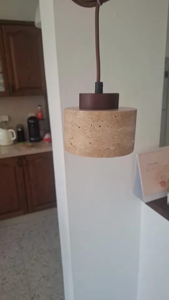 Customer photo review of Stone Pendant Light With Textured Shade And Wooden Accent 12 Inch