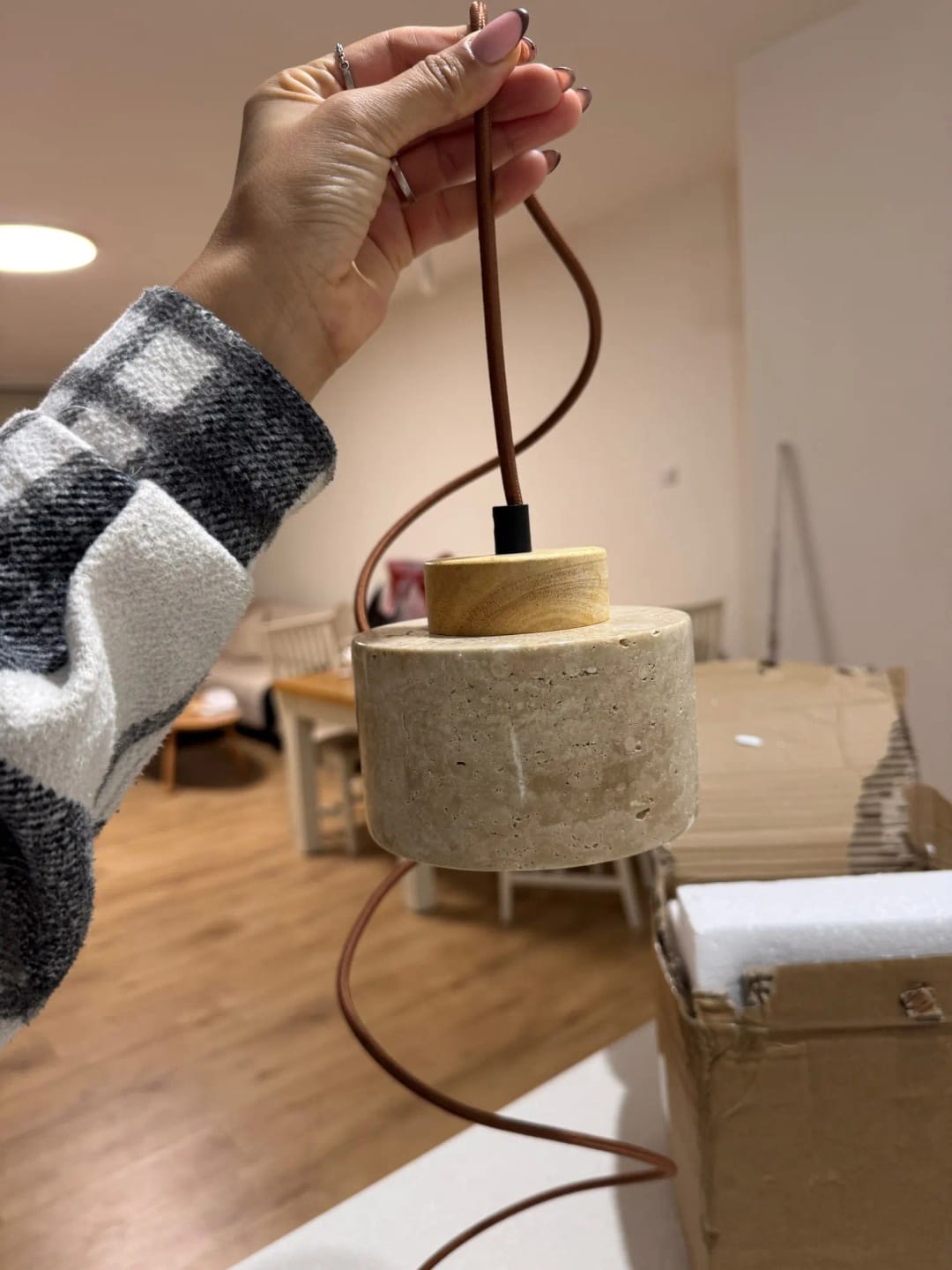 Customer photo review of Stone Pendant Light With Textured Shade And Wooden Accent 12 Inch