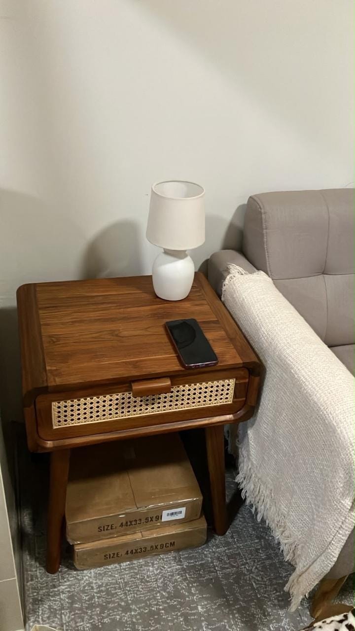Customer photo review of Teak Side Table with Premium Rattan Accent