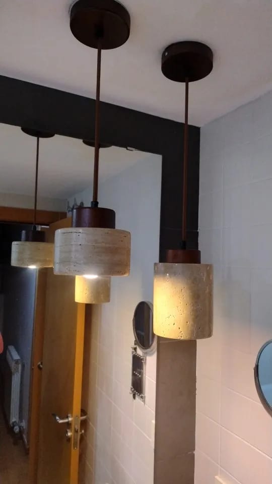 Customer photo review of Stone Pendant Light With Textured Shade And Wooden Accent 12 Inch