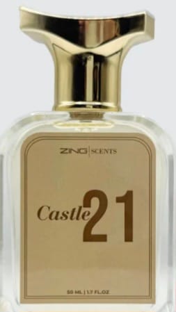 Customer's Castle 21 woody amber perfume bottle with gold cap and label.