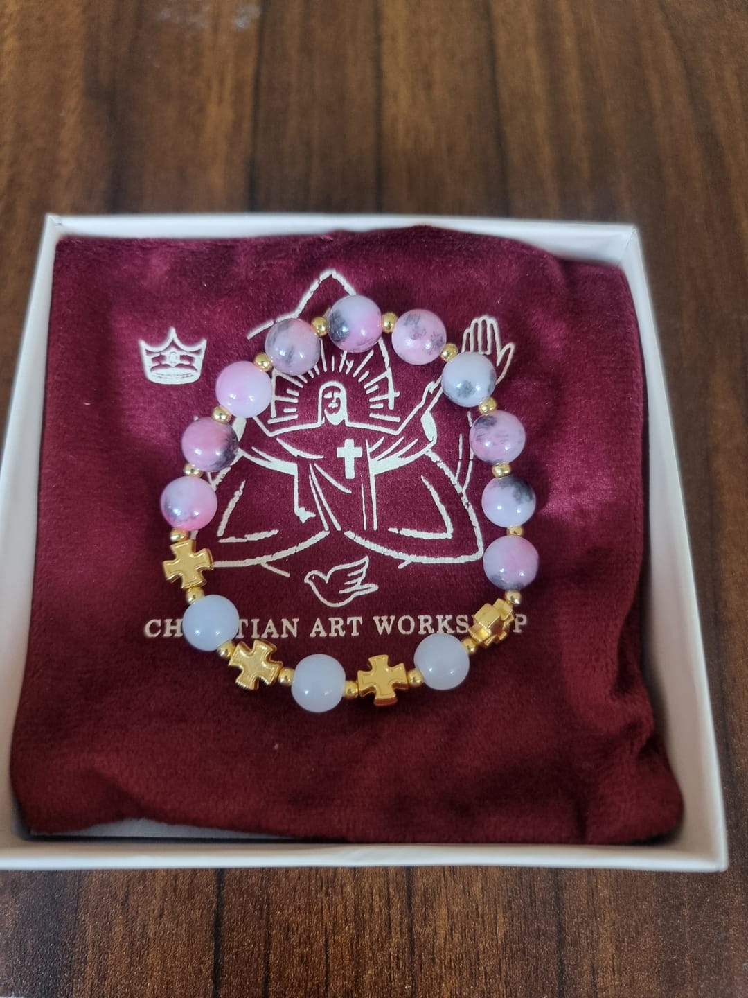Customer photo review of Christianartworkshop Graceful 8mm Persian Pink & Black Jade Beads Bracelet with Ancient Cross