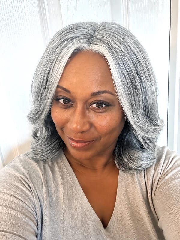 Customer photo review of Luvwin 5x5 Salt And Pepper Money Piece Wave Glueless Gray Wig