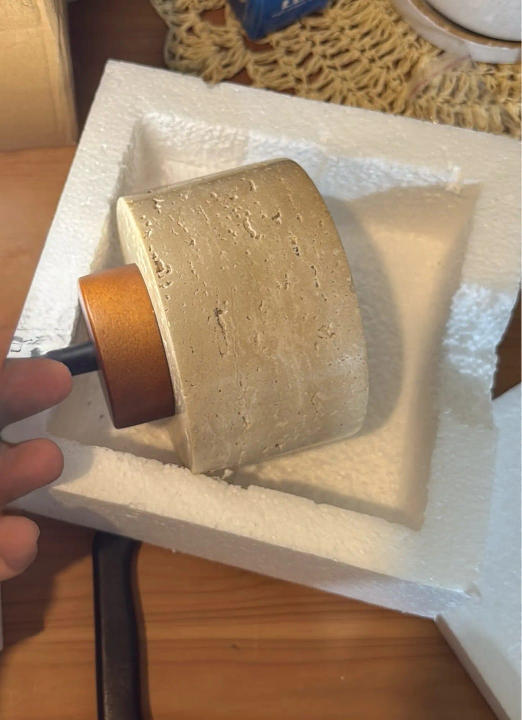 Customer photo review of Stone Pendant Light With Textured Shade And Wooden Accent 12 Inch