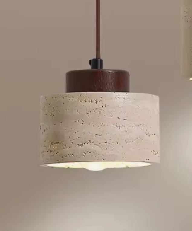 Customer photo review of Stone Pendant Light With Textured Shade And Wooden Accent 12 Inch