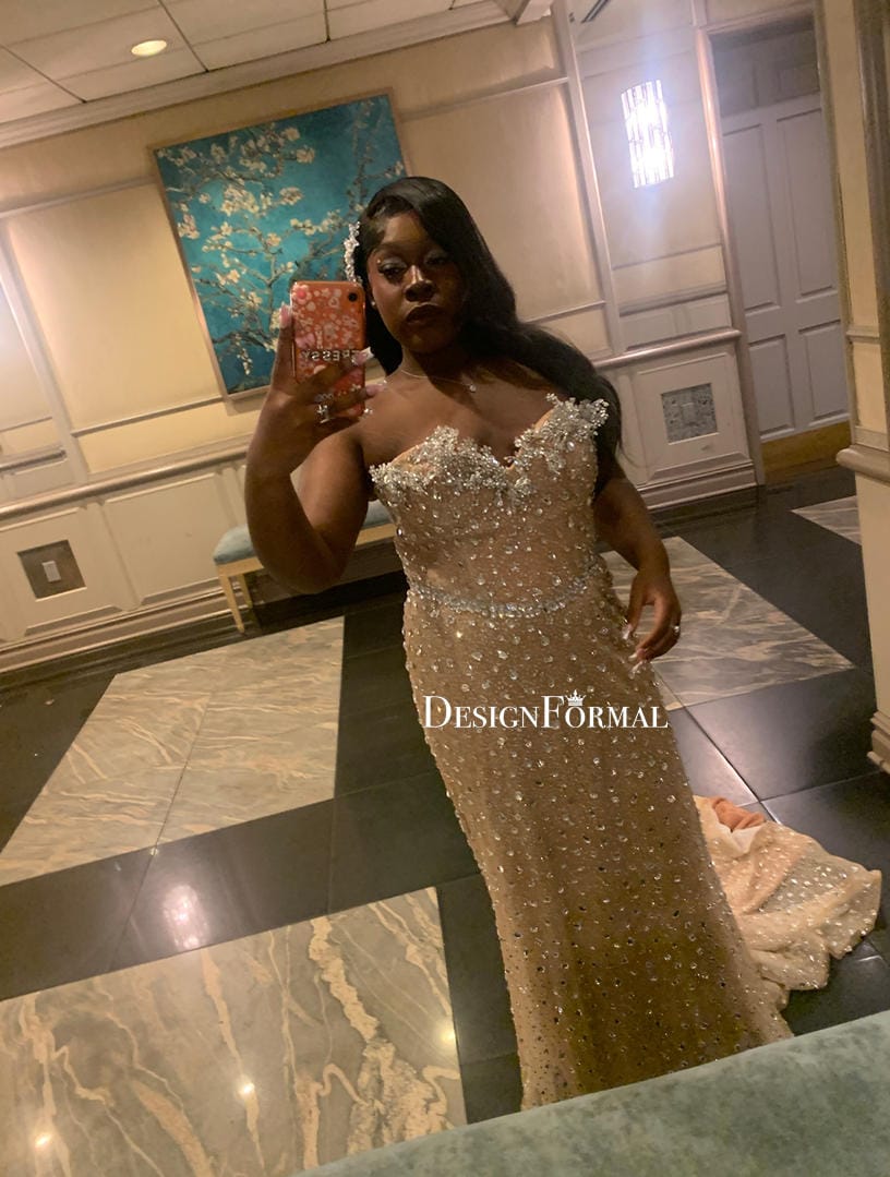 Customer photo review of Allover Crystal Rhinestone Scattered Strapless Mermaid Prom Dress