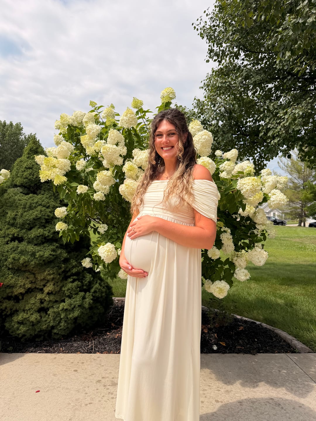 Customer photo review of Ariana Maxi Maternity Moon Dress in Butter Cream