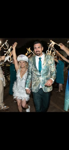 Customer photo review of Men's Peacock Plume Jacquard Blazer in Champagne with One Button