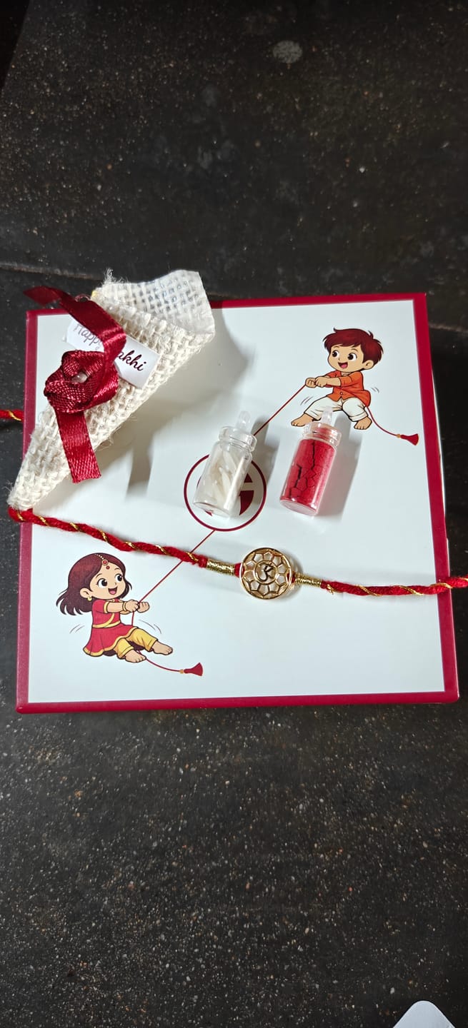Customer photo review of Golden Circular Om Rakhi