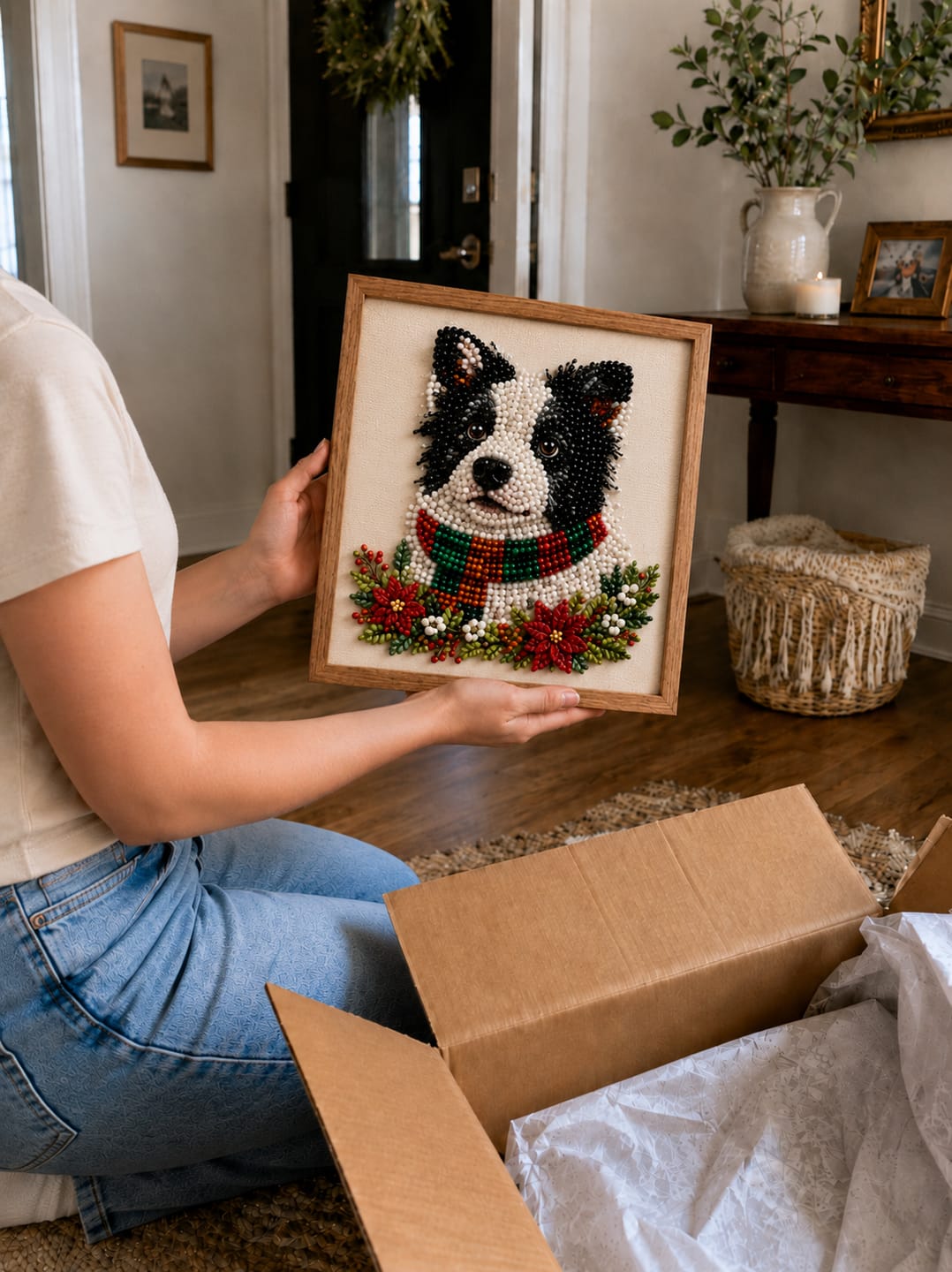 Customer photo review of Personalized 3D Pearl Art DIY Kit – Custom Pet Christmas Portrait with Festive Scarf, Handmade Holiday Wall Decor Gift for Pet Lovers