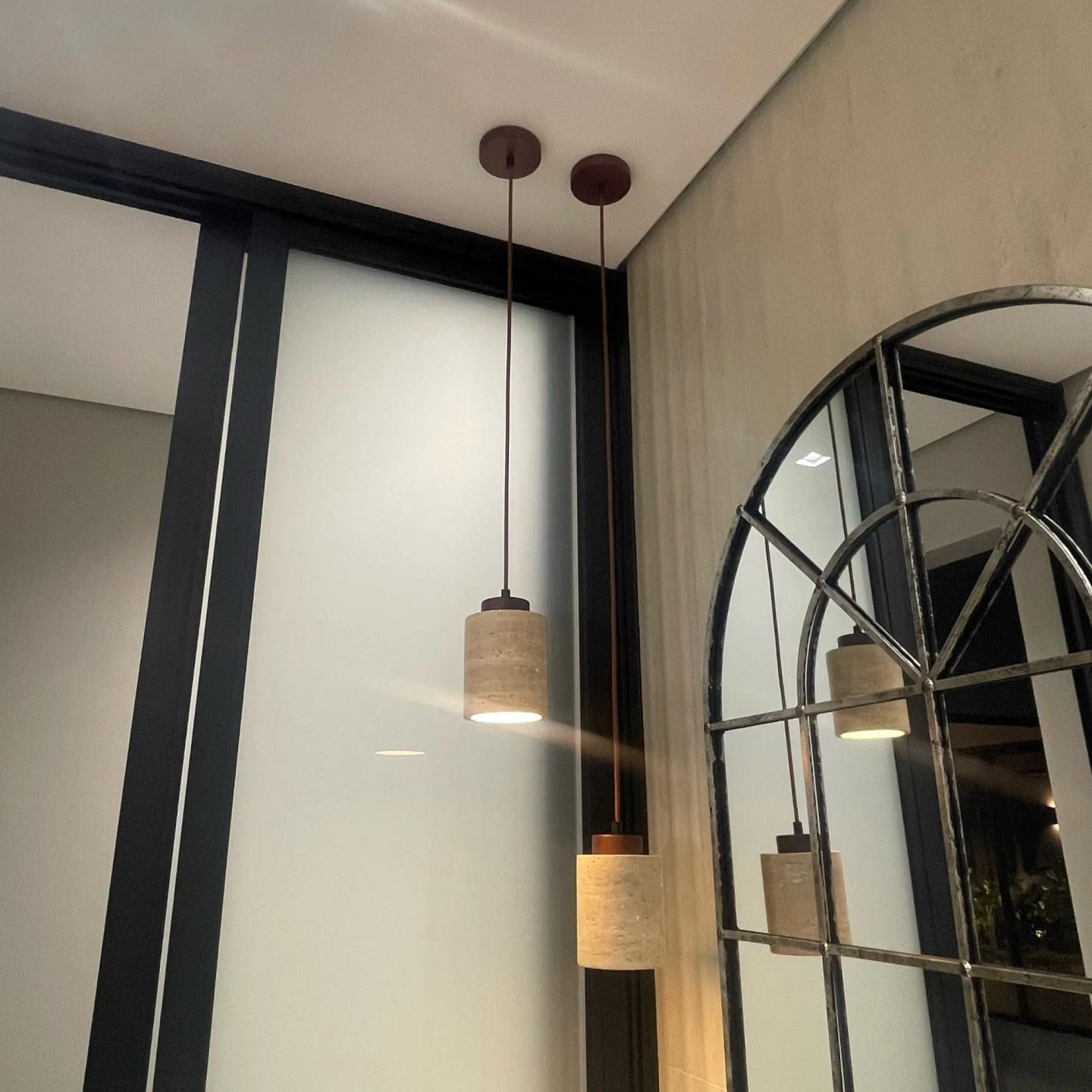 Customer photo review of Stone Pendant Light With Textured Shade And Wooden Accent 12 Inch