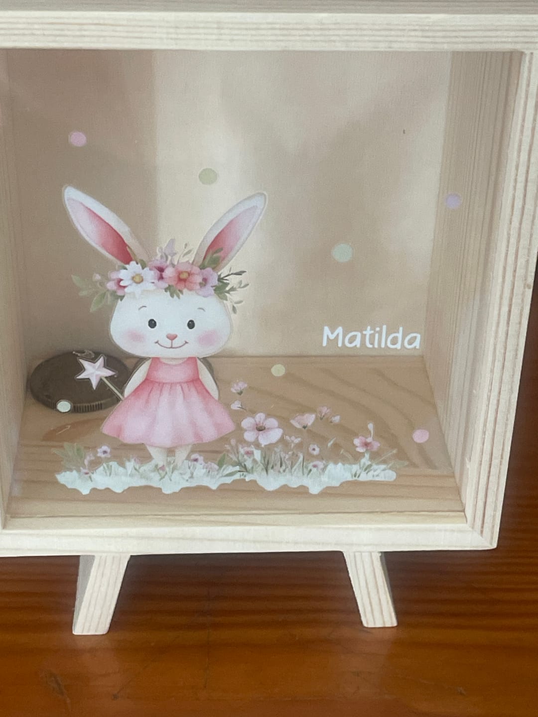 Customer photo review of Personalized Cute Floral Bunny Bear Animals Wooden Clear Money Box Piggy Bank with Name Room Decor Birthday Gift for Girls Kids