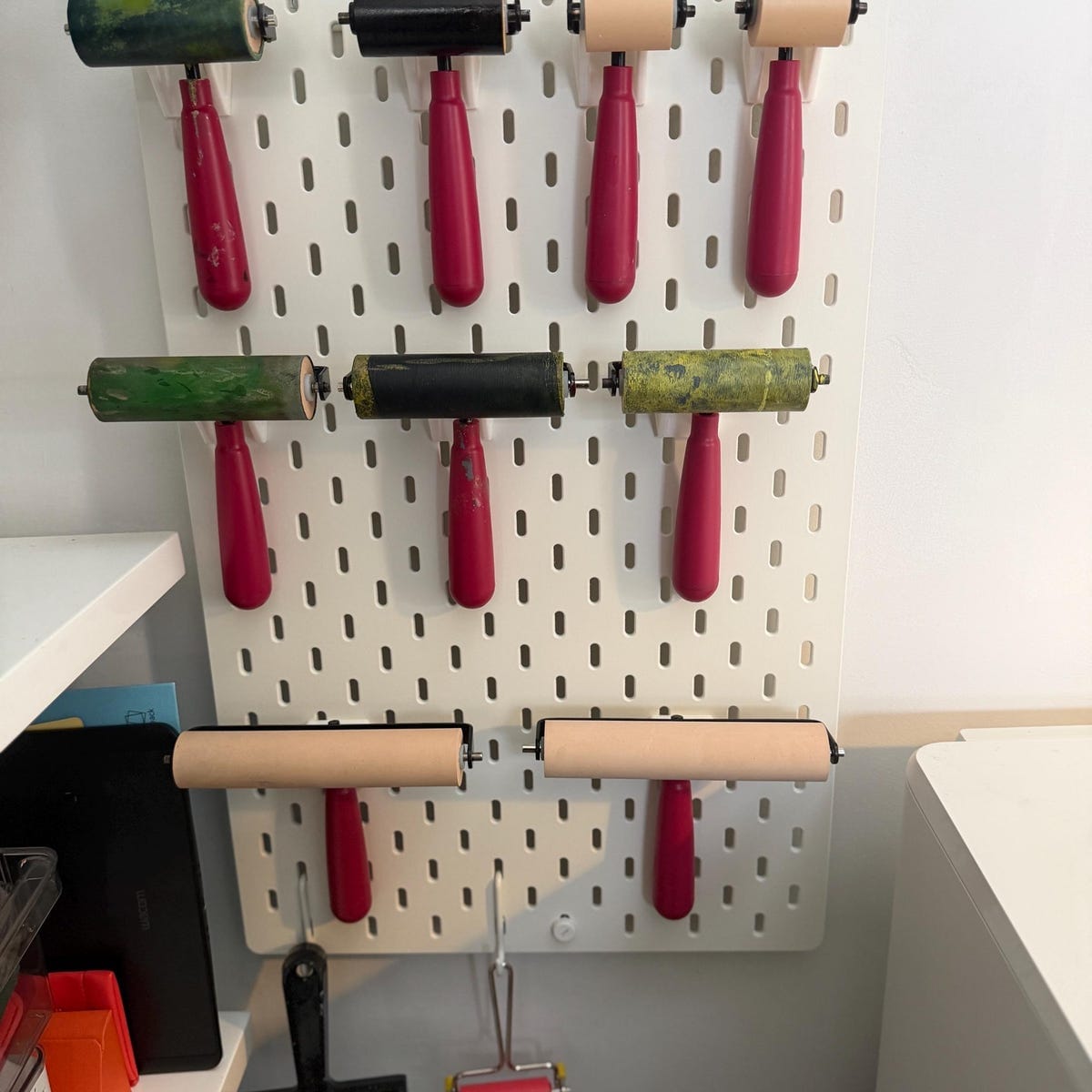 Customer photo review of Brayer Holder for Printmaking | Wall Mount Brayer Organizer | Speedball Compatible | Pegboard & SKADIS