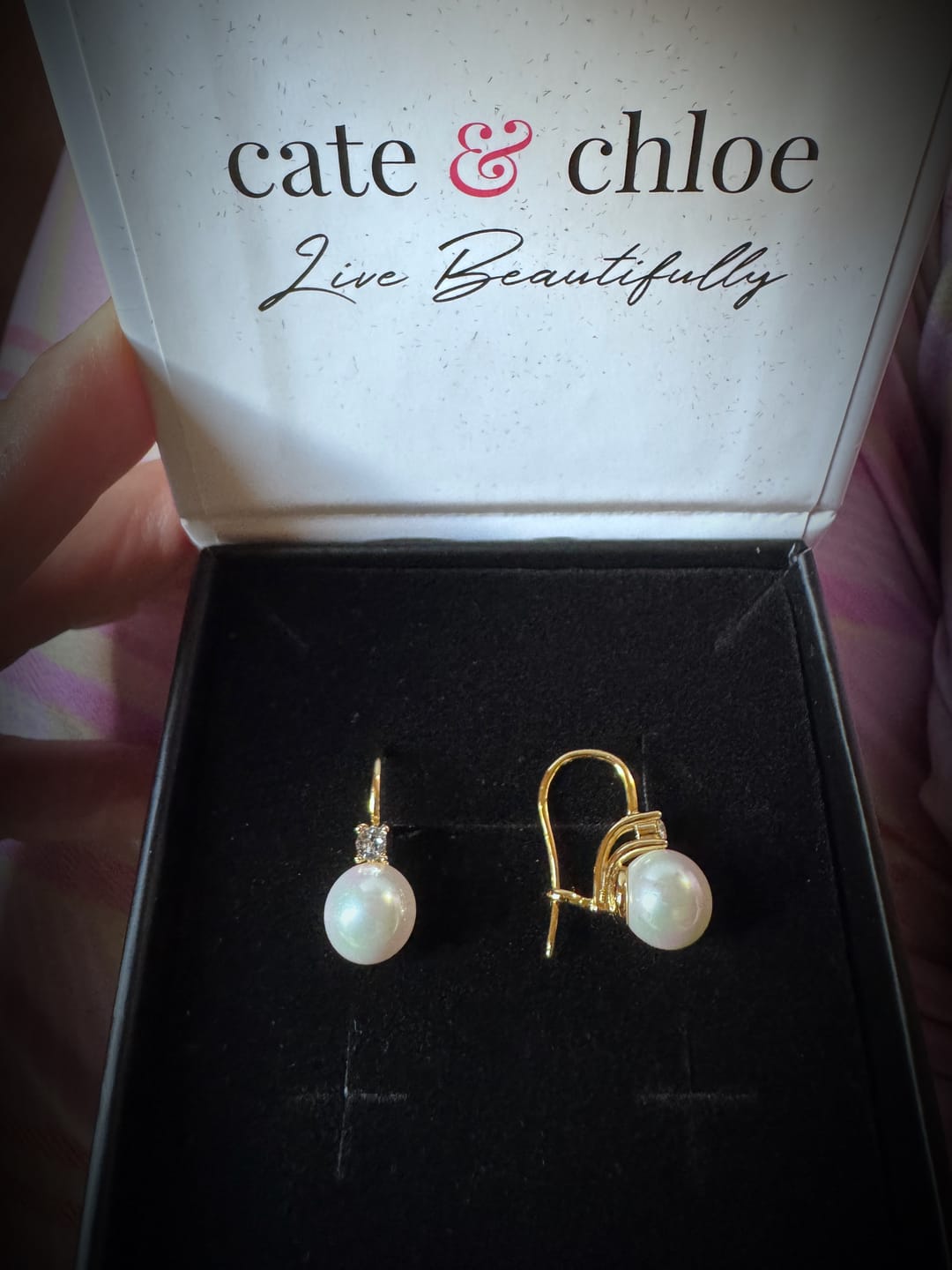Customer photo review of Cassie 18k White Gold Plated Pearl Drop Earrings with Swarovski Crystals