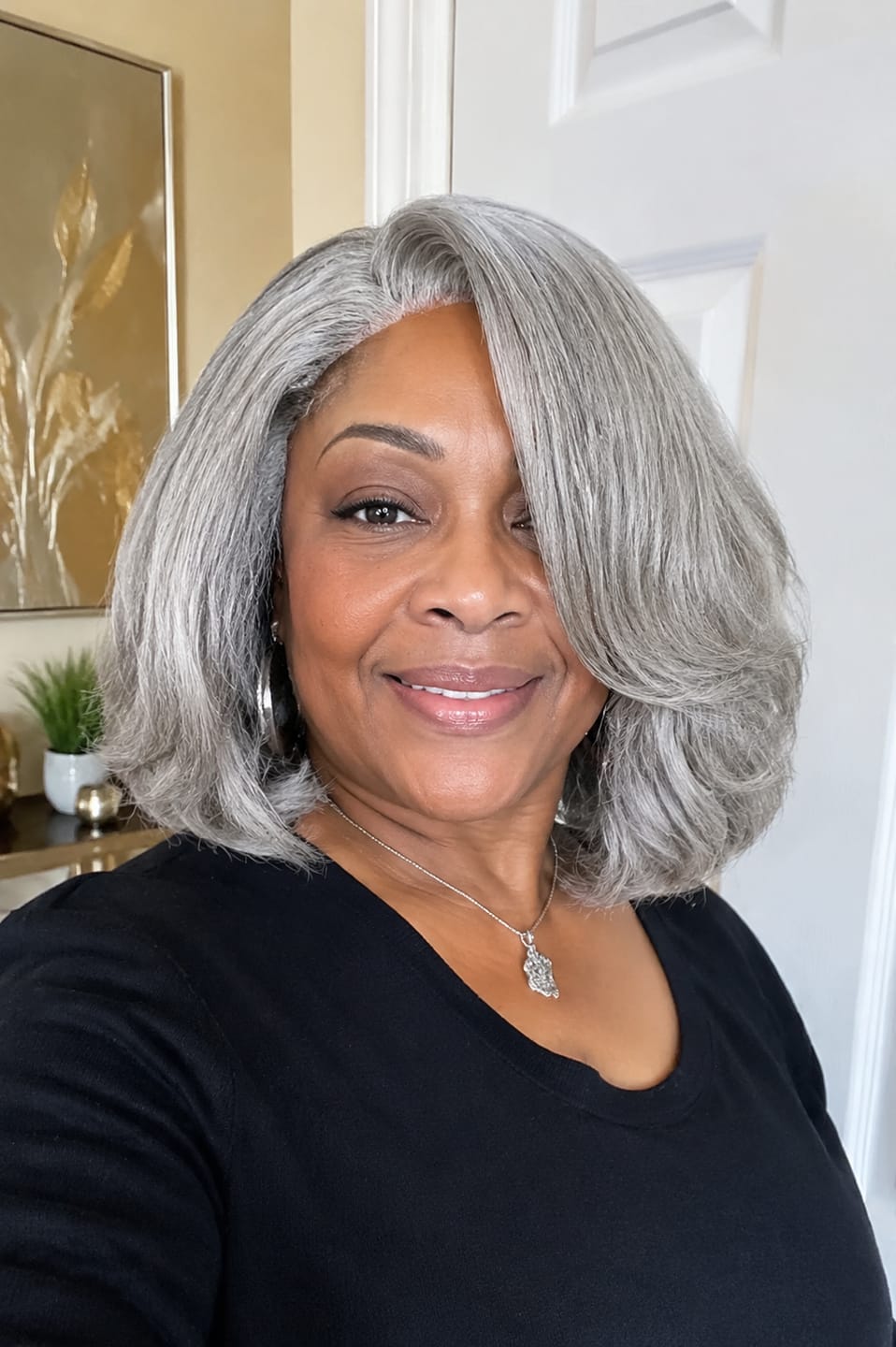 Customer photo review of Luvwin Short Layered Side Parted Salt And Pepper Wig With Bang 5x5 Closure Wig