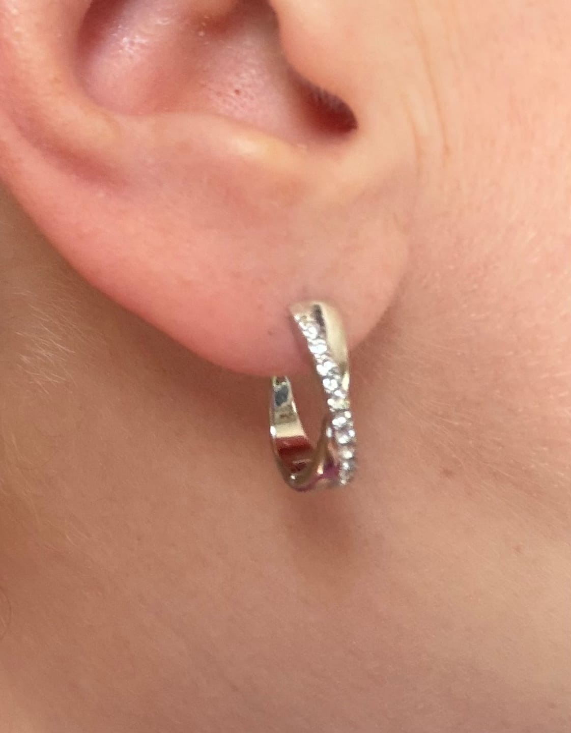 Customer photo review of Amaya 18k White Gold Plated 16mm Twisted Hoop Earrings with Swarovski Crystals