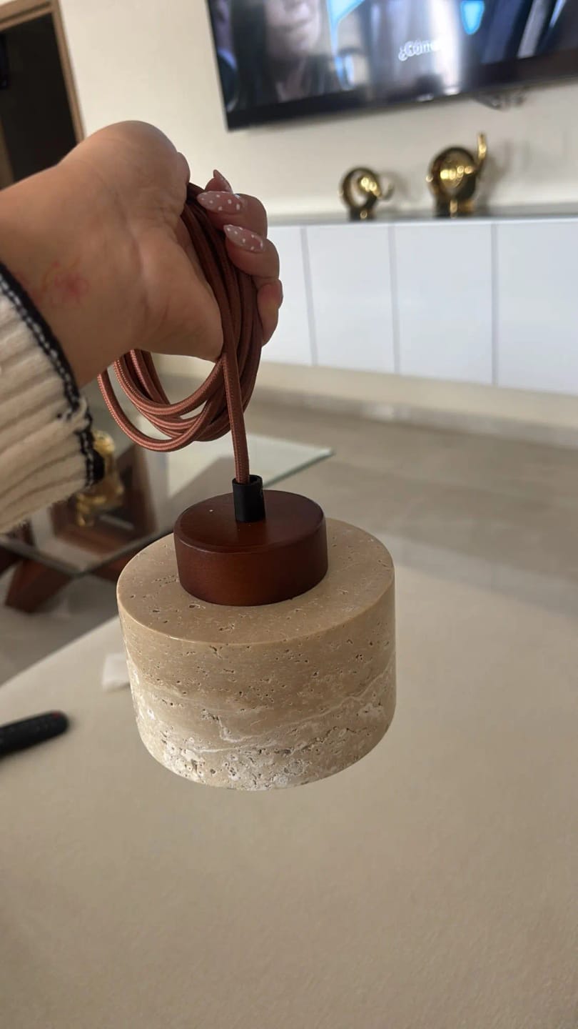 Customer photo review of Stone Pendant Light With Textured Shade And Wooden Accent 12 Inch