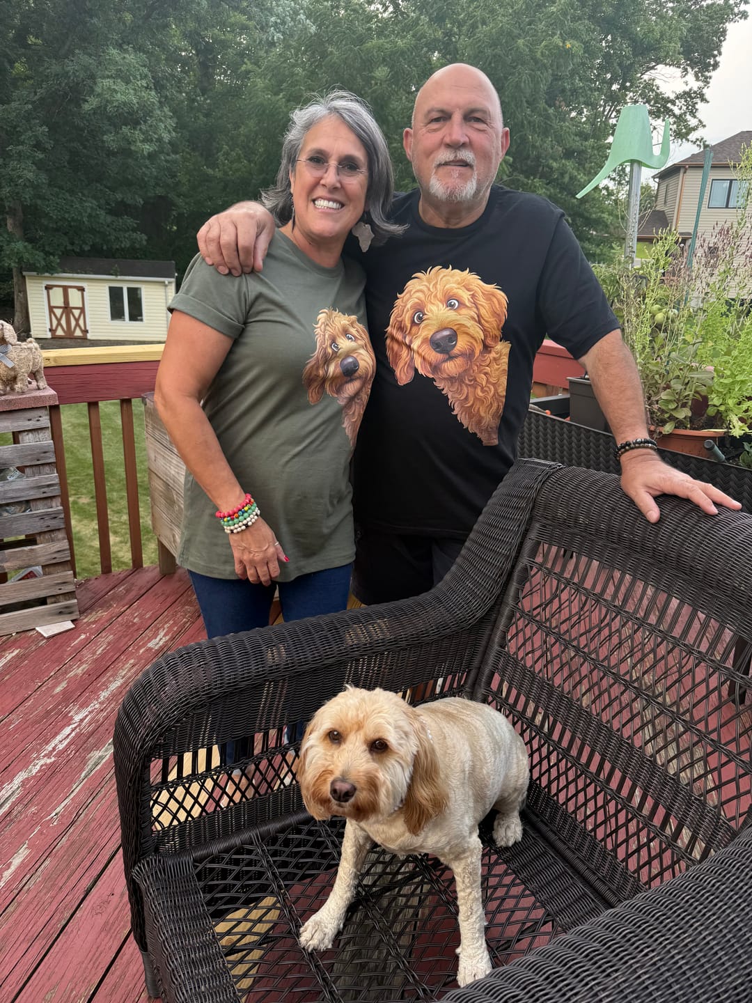 Customer photo review of Funny Peeking Apricot Goldendoodle T-Shirt