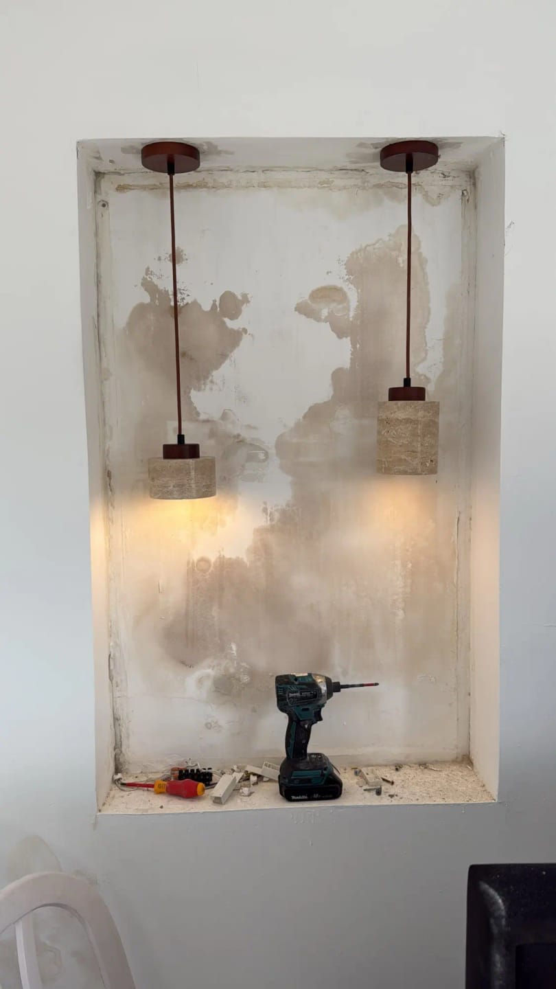 Customer photo review of Stone Pendant Light With Textured Shade And Wooden Accent 12 Inch