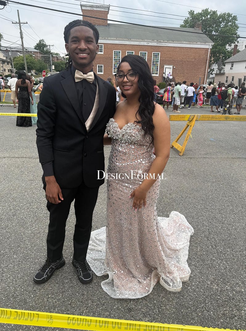 Customer photo review of Allover Crystal Rhinestone Scattered Strapless Mermaid Prom Dress