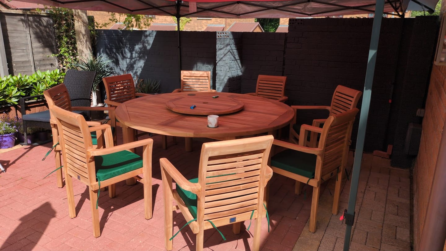 Customer photo review of Teak 180cm Maximus Round Stacking Set (8 Oxford Stacking Chairs) Complete set Cushions included