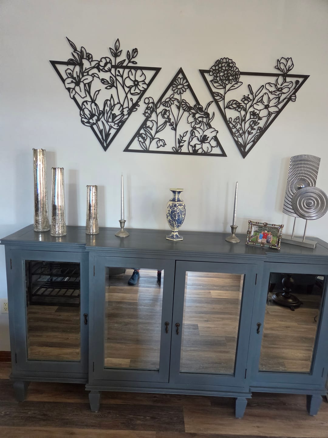 Customer photo review of Metal Flower Wall Art in a Large Triangle Frame (Set of 3)