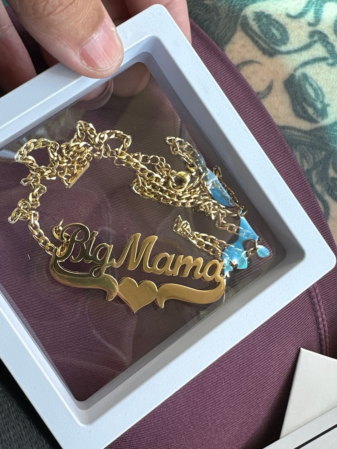 Customer photo review of Double Plated Heart Name Necklace w/ Cuban Chain