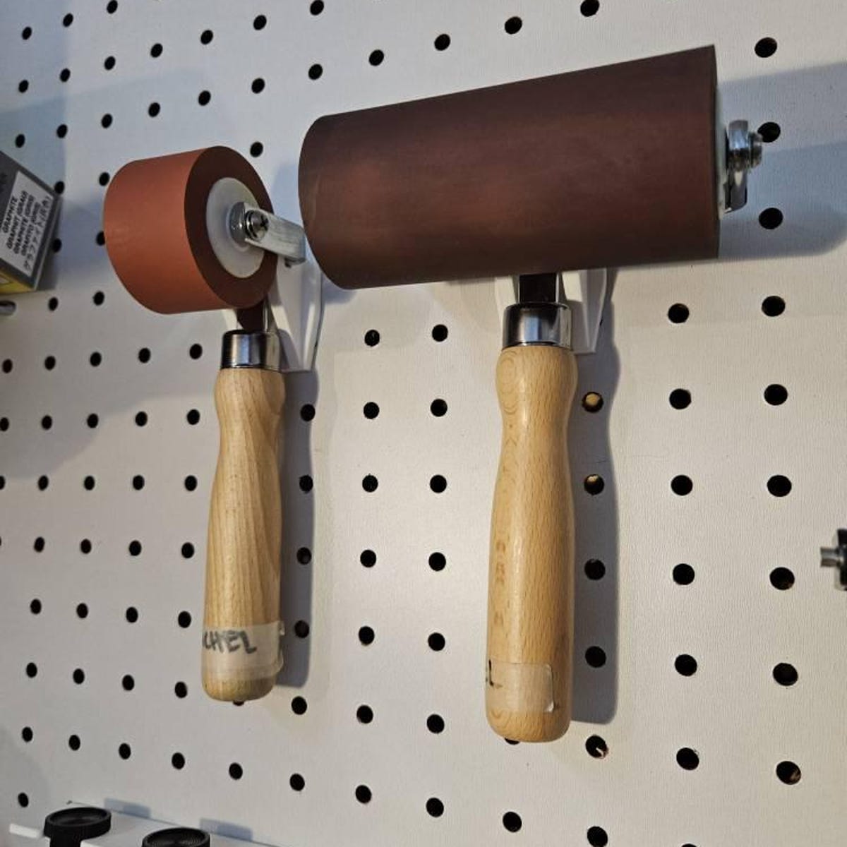 Customer photo review of Brayer Holder for Printmaking | Wall Mount Brayer Organizer | Speedball Compatible | Pegboard & SKADIS