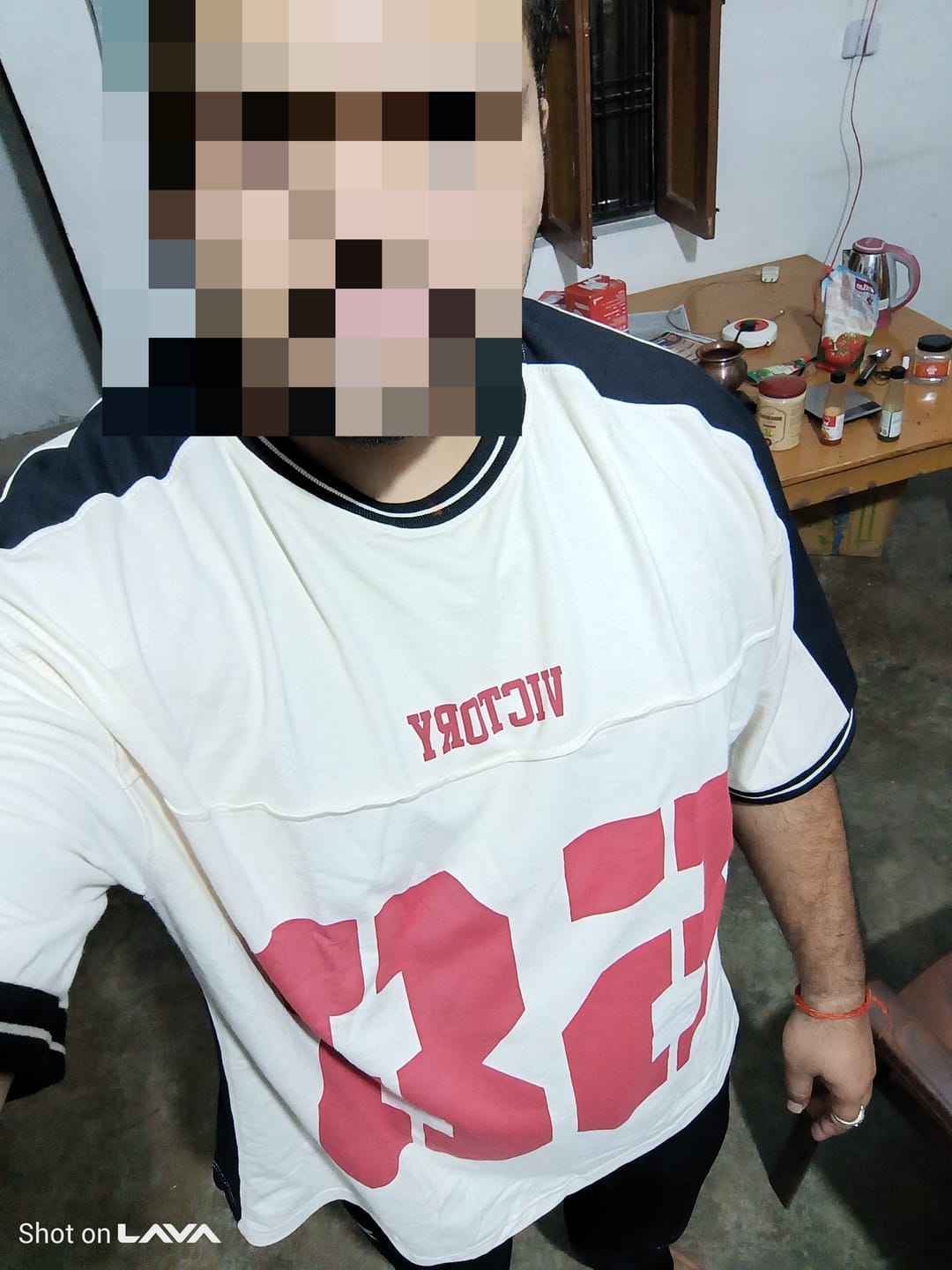 Customer photo review of Cream Panelled Graphic T-Shirt