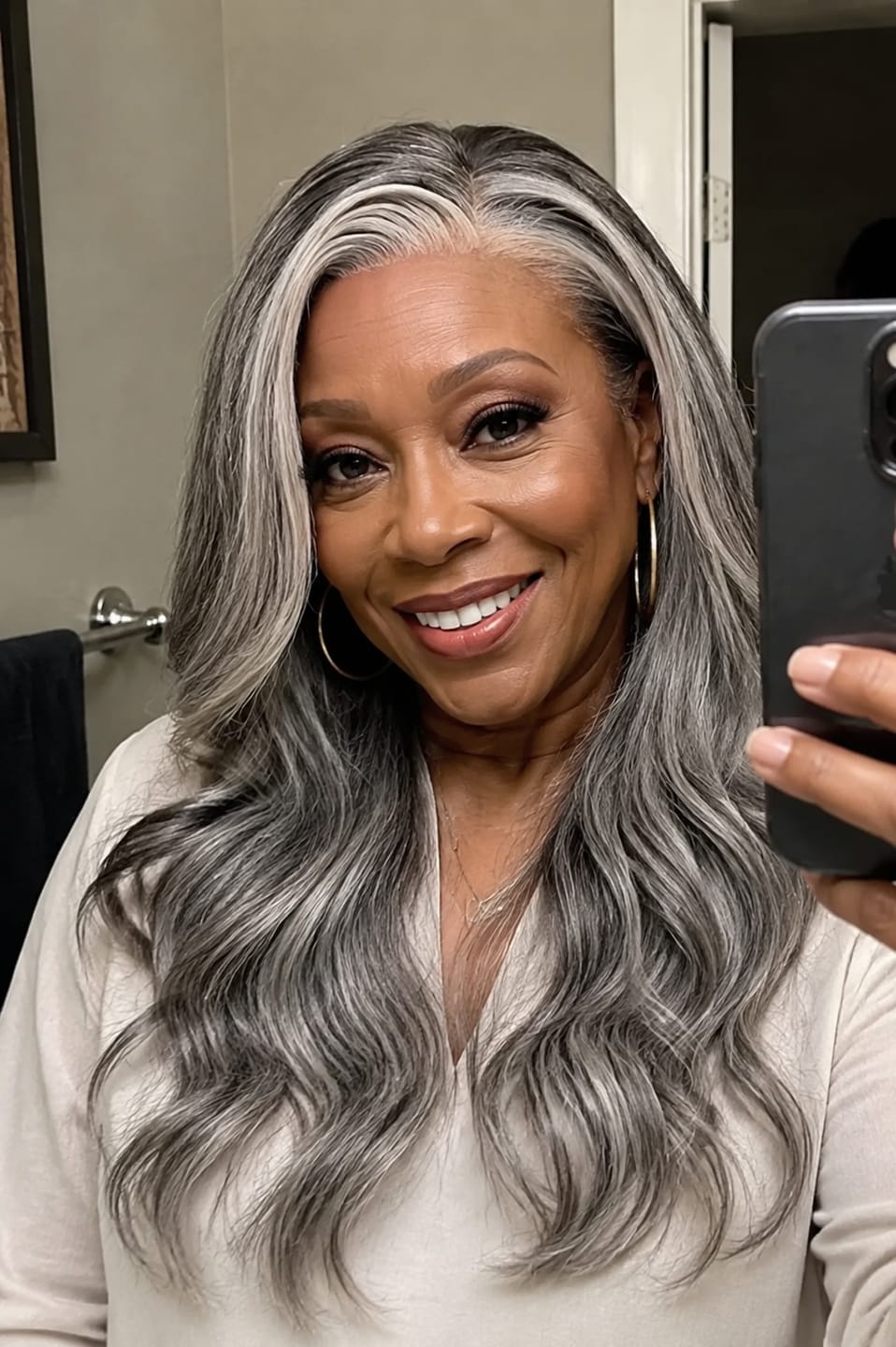 Customer photo review of Luvwin Silver Grey Salt & Pepper Wavy Wig With Signature White Front Streaks