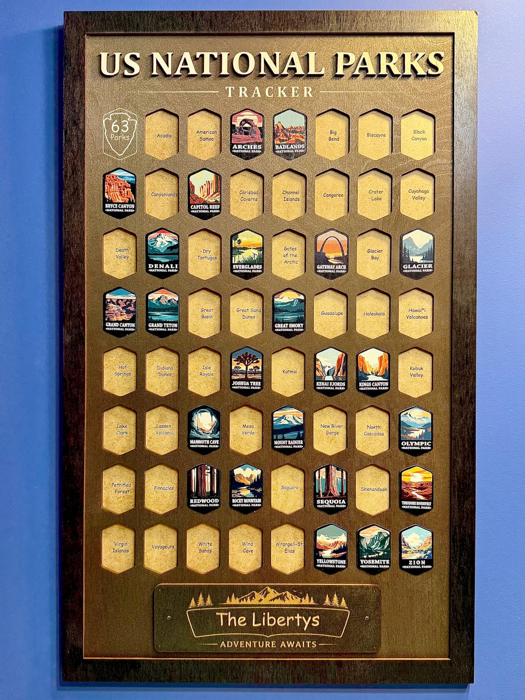 Customer photo review of USA National Parks Travel Tracker - A Handcrafted Wooden Board to Track All 63 National Parks