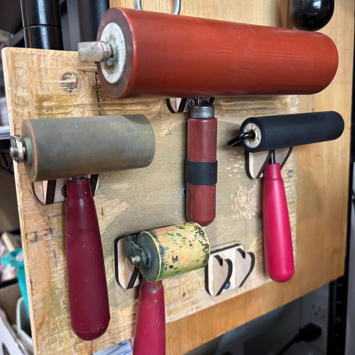 Customer photo review of Brayer Holder for Printmaking | Wall Mount Brayer Organizer | Speedball Compatible | Pegboard & SKADIS