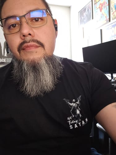 Customer's Not Today Satan T-shirt in black with a graphic print featuring a person holding firearms.