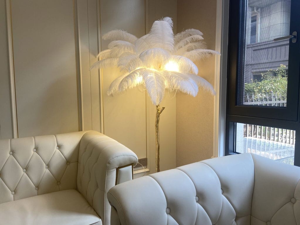 Customer photo review of Floor Lamp, Ostrich Feather Shade, Brass Base, 6x G9, Plug-In