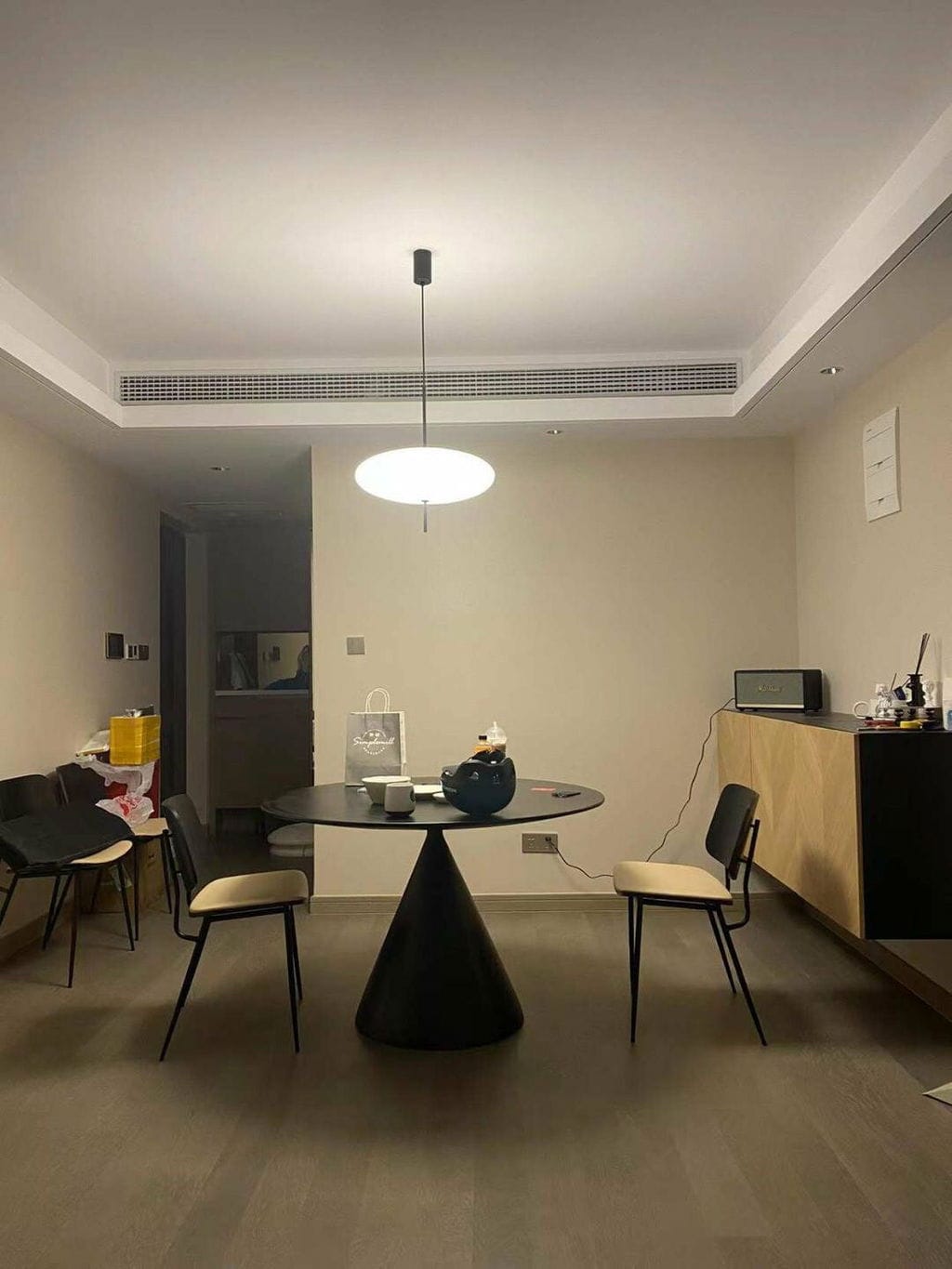 Customer photo review of Opal Disc Pendant Light, Opalescent Shade, Black or White, E26/E27