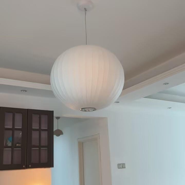 Customer photo review of Pendant Light, Crisscross Bubble, Mulberry Silk, Steel Wireframe, E26