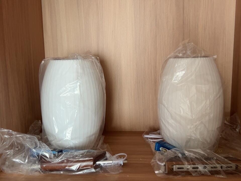 Customer photo review of Wall Sconce, White Polymer Shade, Walnut & Chrome, Swivel Plug-In E26