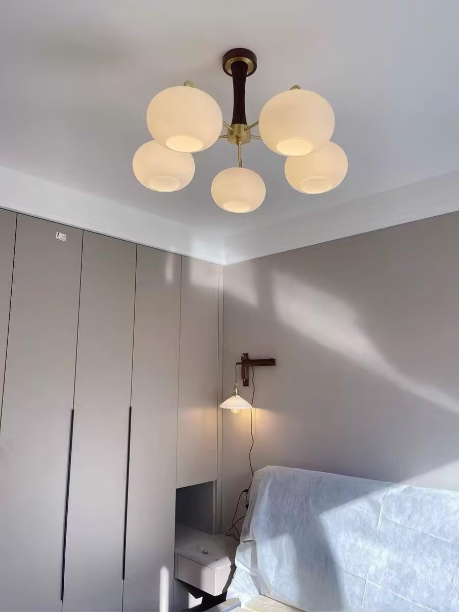 Customer photo review of Chandelier, Persimmon Brass & Wood, White Glass Shades, E26/E27
