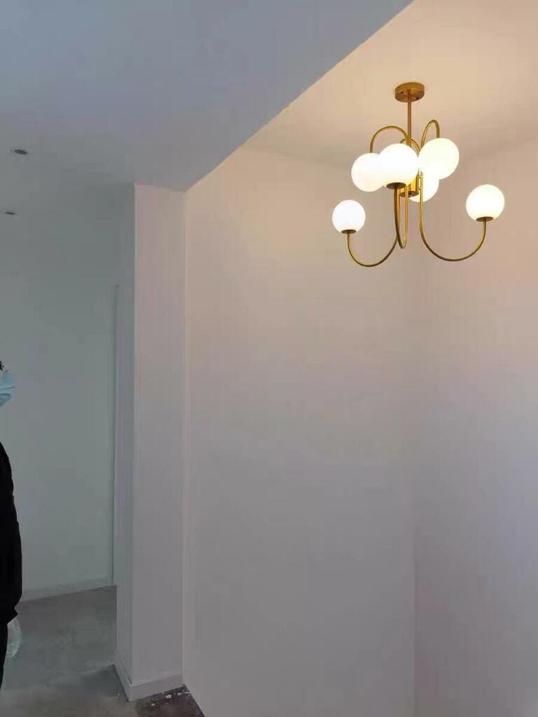 Customer photo review of Gooseneck Chandelier, Wrought Iron, White Glass Globes, E14