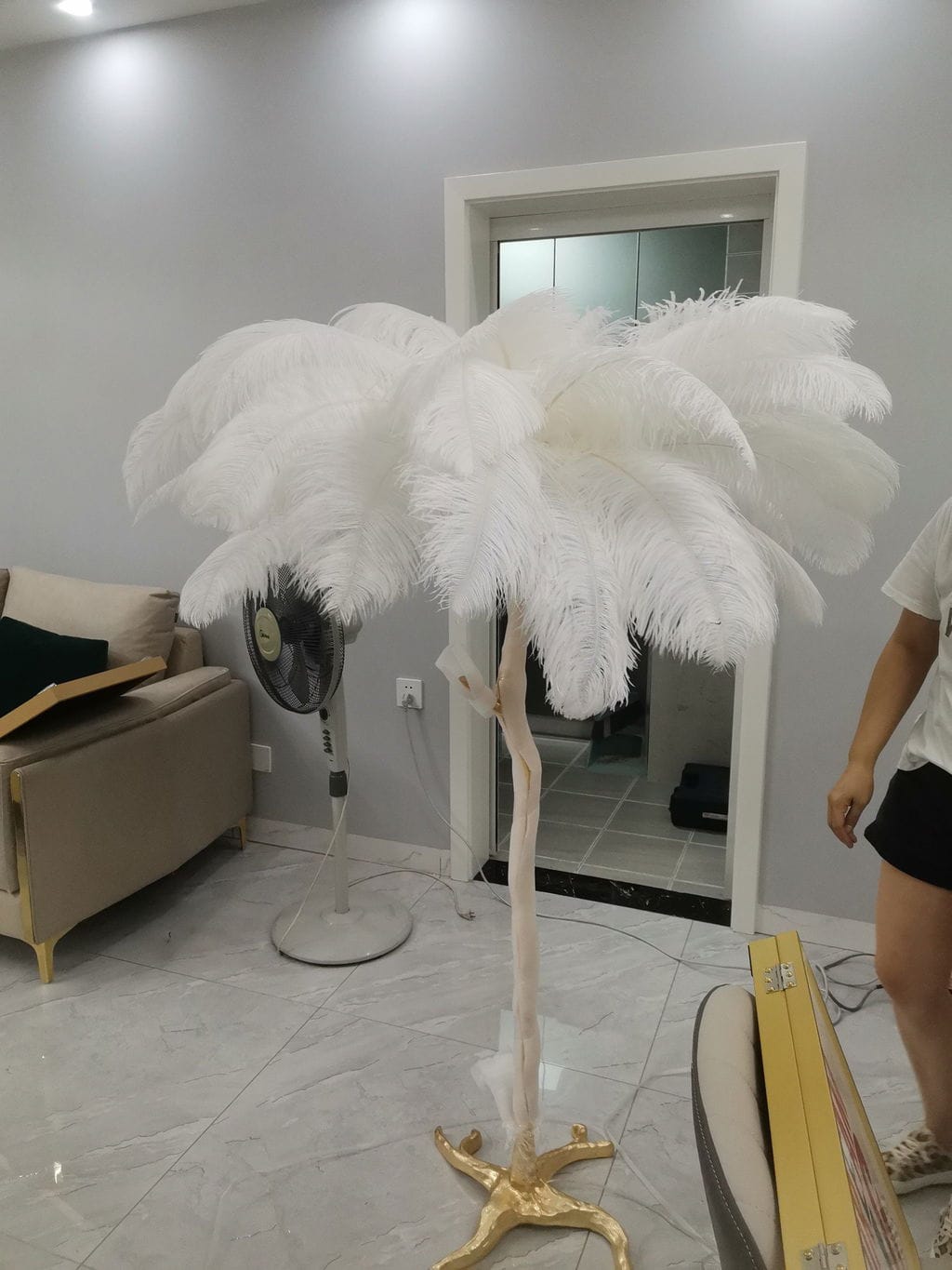 Customer photo review of Floor Lamp, Ostrich Feather Shade, Brass Base, 6x G9, Plug-In
