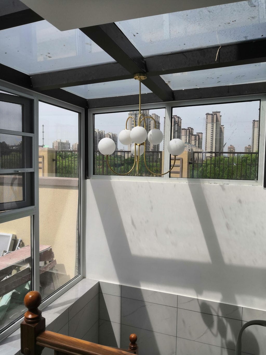 Customer photo review of Gooseneck Chandelier, Wrought Iron, White Glass Globes, E14