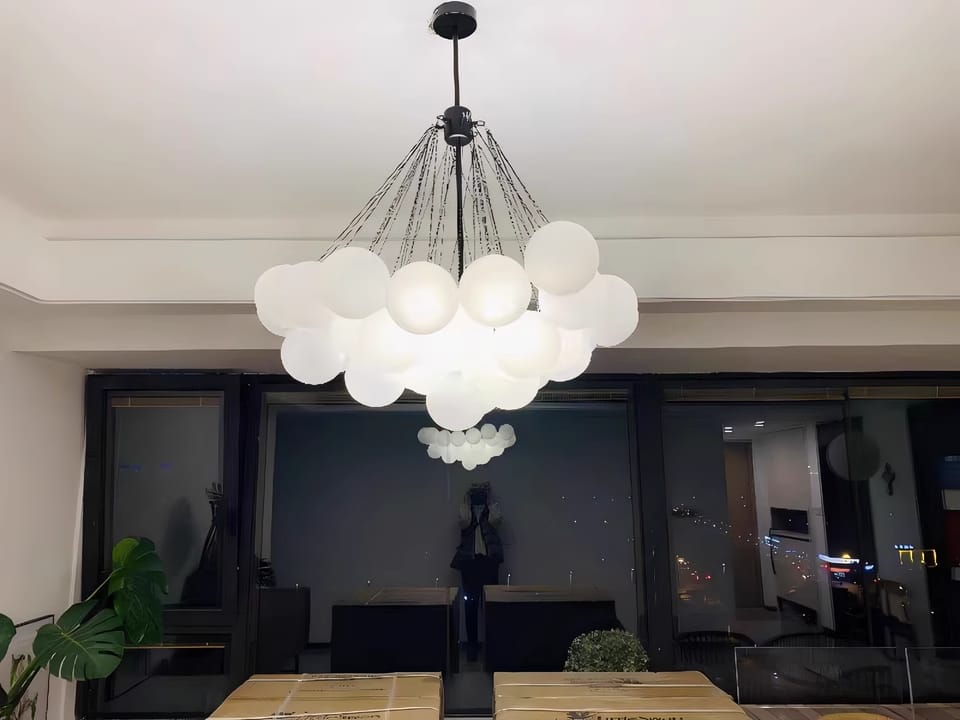 Customer photo review of Bubble Chandelier, Hand-Frosted Glass Globes, Gold or Black, E27