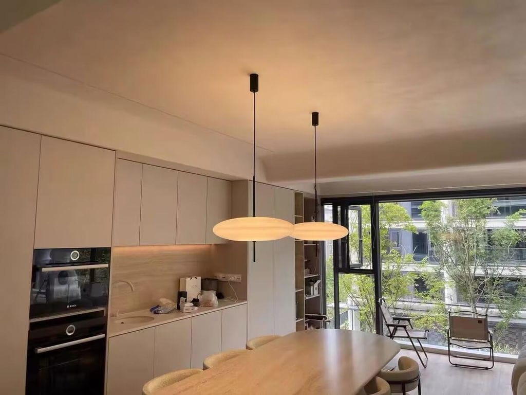 Customer photo review of Opal Disc Pendant Light, Opalescent Shade, Black or White, E26/E27